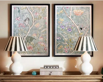 Large Hand pulled Lino print, Chinoiserie Bird Peony lotus and primroses hand made unique print , unframed wall art