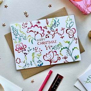 Carte de Noël imprimée floral exotique lino, carte vierge linogravure botanique joyeux Noël - dessinée + impression lino botanique botanique