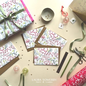 Paquete de 6 tarjetas de Navidad con estampado de lino floral exótico, tarjeta en blanco de linograbado botánico de feliz Navidad: dibujado a mano + impresión de lino Botánico