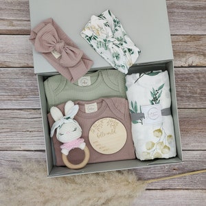 Personalized gift box for birth, baby, gift set, birth, gift, girl, bodysuit, baby rattle, burp cloth, muslin cloth, storage