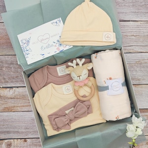 Personalisierte Geschenkbox zur Geburt, Baby, Geschenkset, Geburt, Geschenk, Mädchen, Body, Babyrassel, Spucktuch, Mulltuch, Aufbewahrung