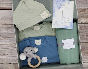 Personalized gift box for birth, baby, gift set, birth, gift, boy, bodysuit, baby rattle, burp cloth, muslin cloth, storage