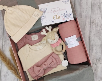 Personalisierte Geschenkbox zur Geburt, Baby, Geschenkset, Geburt, Geschenk, Mädchen, Body, Babyrassel, Spucktuch, Mulltuch, Aufbewahrung