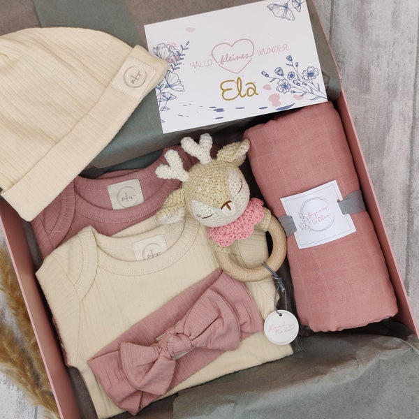 Personalisierte Geschenkbox zur Geburt, Baby, Geschenkset, Geburt, Geschenk, Mädchen, Body, Babyrassel, Spucktuch, Mulltuch, Aufbewahrung