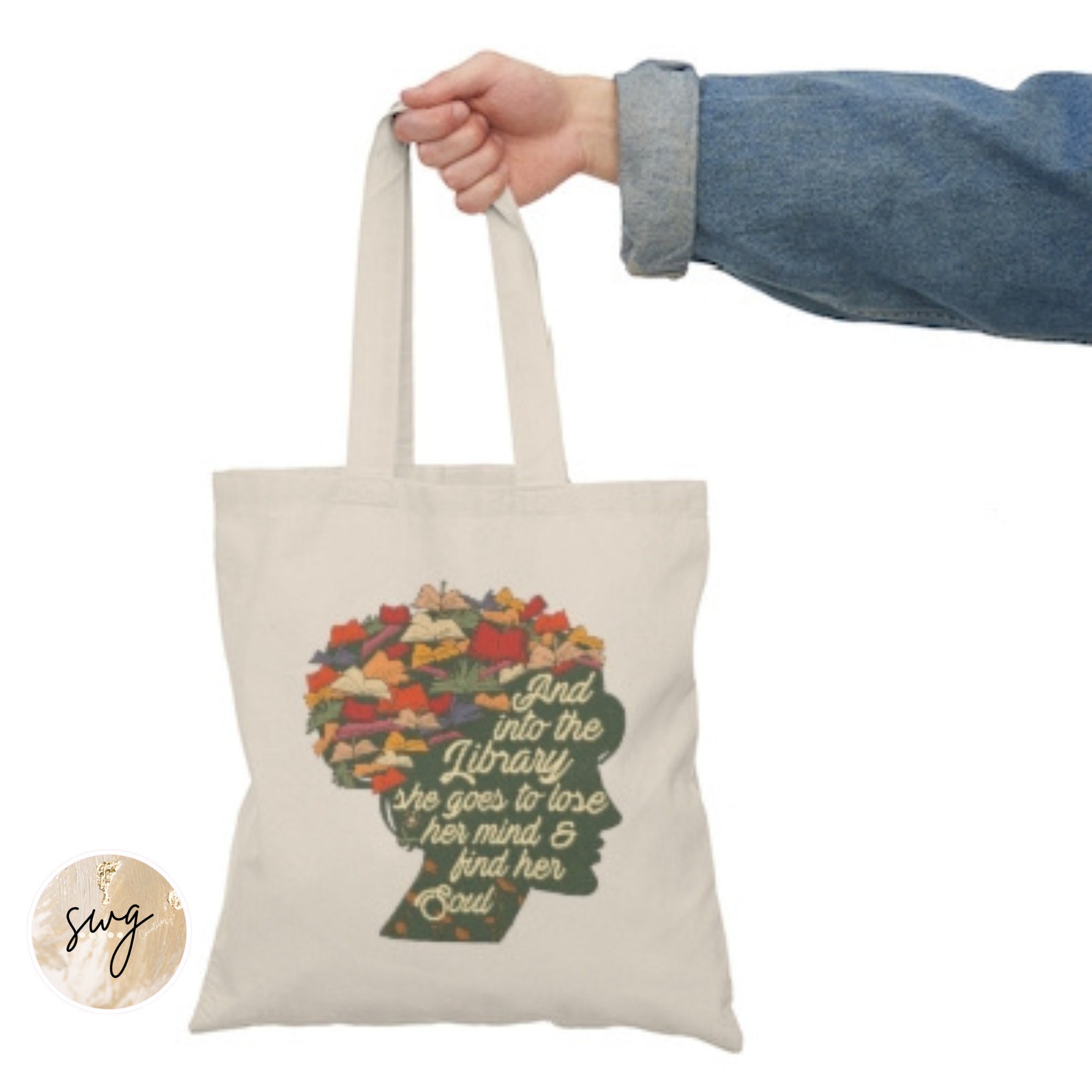 Into the Library She Goes Cotton Tote Bag Etsy