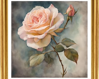 Rosa Rose druckbare Malerei, Vintage Rose, Wand Kunst digitaler Download, Blume, Landhaus Dekoration, Blumen Bauernhaus, Wanddekor