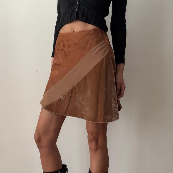 VINTAGE ALBERTA FERRETTI Velvet Skirt 1994 – Brown Draped Mini Skirt – 90s Designer Archive