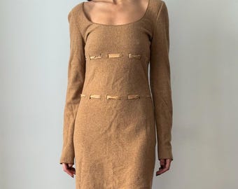 VINTAGE MIU MIU Beige Wool Knit Dress Fall Winter 1996 Minimal Designer Stitched Slip