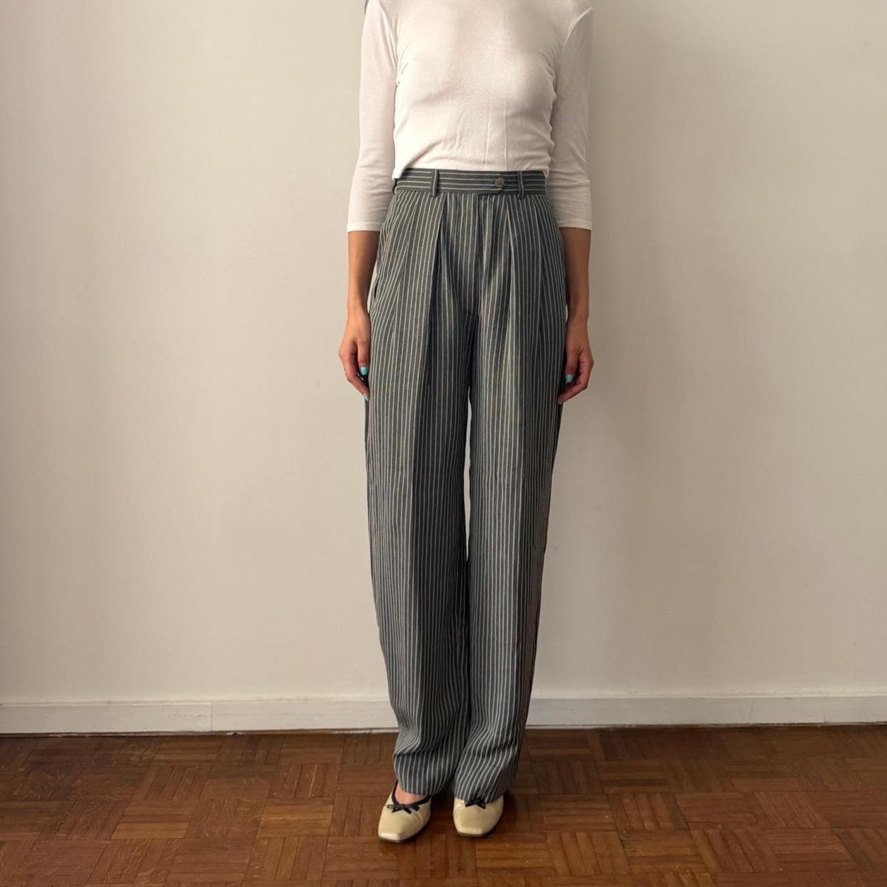 90s ARMANI JEANS poly×rayon stripe pants VINTAGE GIORGIO ARMANI 1990s Pinstripe Wide Leg High Rise Trousers