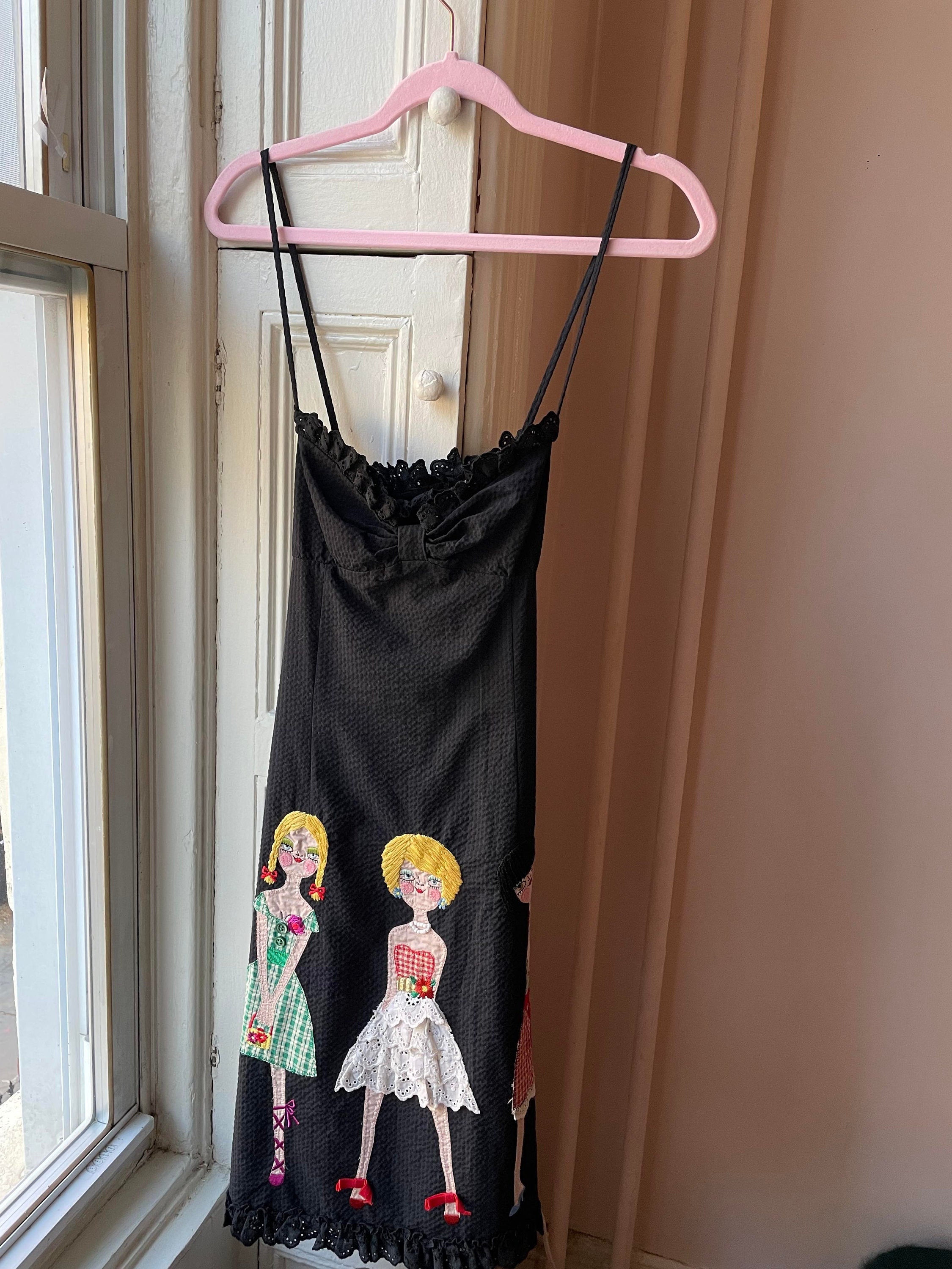 Moschino Vintage Black Dress W/ Embroidered Dolls (seen on Uptown Girls!) -  Early 2000s - Etsy
