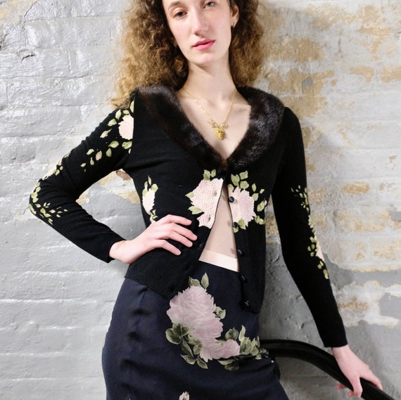 BLUMARINE FW1999 - Black cardigan w/ fur collar &… - image 1