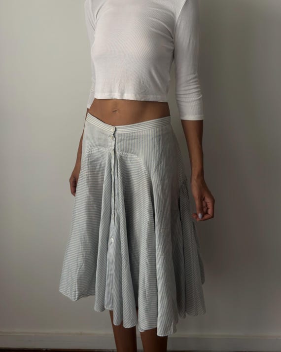 Ralph Lauren Purple Label, VINTAGE RALPH LAUREN 2006 Circa Purple Label Blue White Stripe Silk Midi Skirt Small