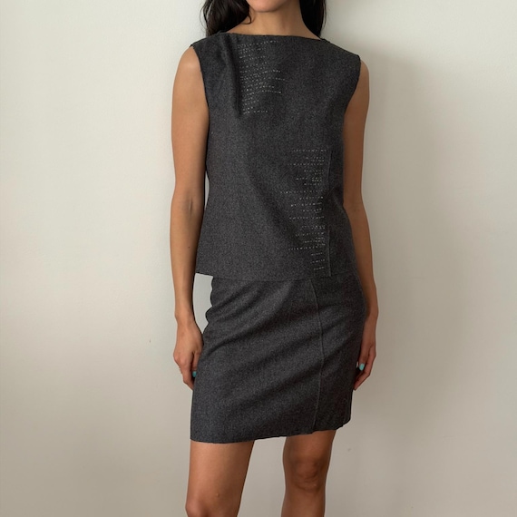 Alberta Ferretti, VINTAGE ALBERTA FERRETTI Fall Winter 1998 Wool Skirt Top Set Charcoal Grey IT40