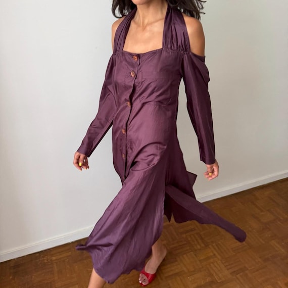 Romeo Gigli, VINTAGE ROMEO GIGLI 1990s Aubergine Silk Cold-Shoulder Halter Dress S