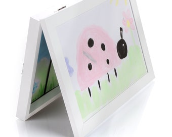 Children's art picture frame with collecting function, hanging long/crosswise possible, table stand, magnetic closure, white MDF gift Lulubug