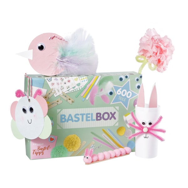 Bastelbox Set 600 Teile "Pastell" 6 Bastelanleitungen Bastelspaß mit der ganzen Familie Basteln im Frühling Ostern ideales Geschenk Lulubug