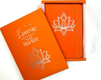 Yoga Buch Lotusflower orange 192 Seiten Lineatur dotted mit 3 Büroklammern  2 Lesezeichen in Seidenpapier hochwertige Geschenkbox Loveria