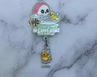Funny Duck Badge Reel, Skeleton Bath Nurse Gift, Healthcare, Retractable ID Holder, RN CNA