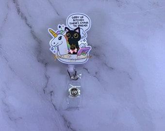 Funny Black Kitty Unicorn Floaty Badge Reel, Nurse Gift, Retractable ID Holder, Healthcare, RN