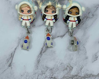 Astronaut Girl Badge Reel, Outer Space Retractable Badge, Teacher Gift