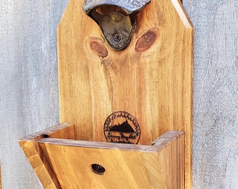 Rustic Wall Mount Bottle Opener with Cap Catcher: Man Cave Bar Decor