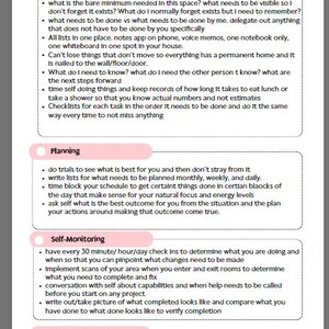 May include: A pink and white chart with the title "Executive Function Interventions". The chart lists different strategies for improving executive function skills, including organization, planning, self-monitoring, and working memory.
