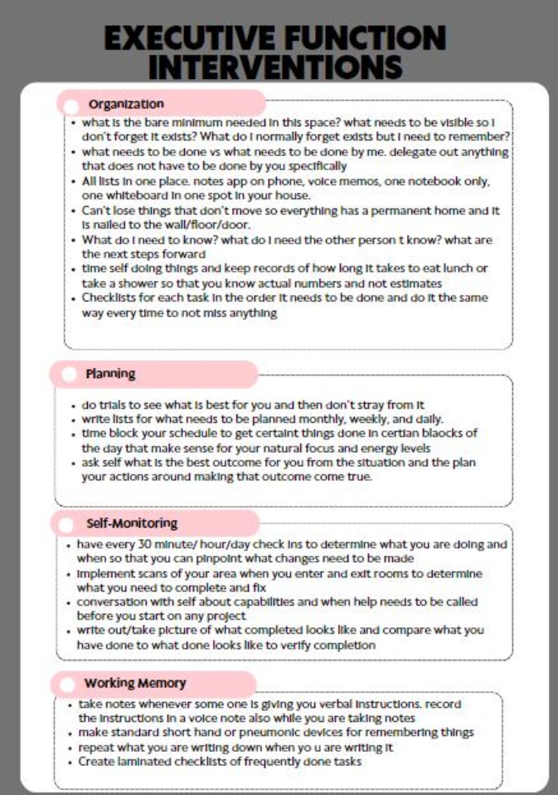 May include: A pink and white chart with the title "Executive Function Interventions". The chart lists different strategies for improving executive function skills, including organization, planning, self-monitoring, and working memory.