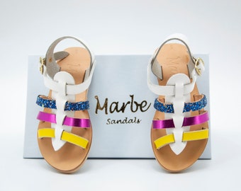 Sandalo in pelle fatto a mano per bambini: Color Life (sandali in pelle greca, sandali per ragazze, sandali estivi per bambini, scarpe basse per bambini, sandali alla moda)