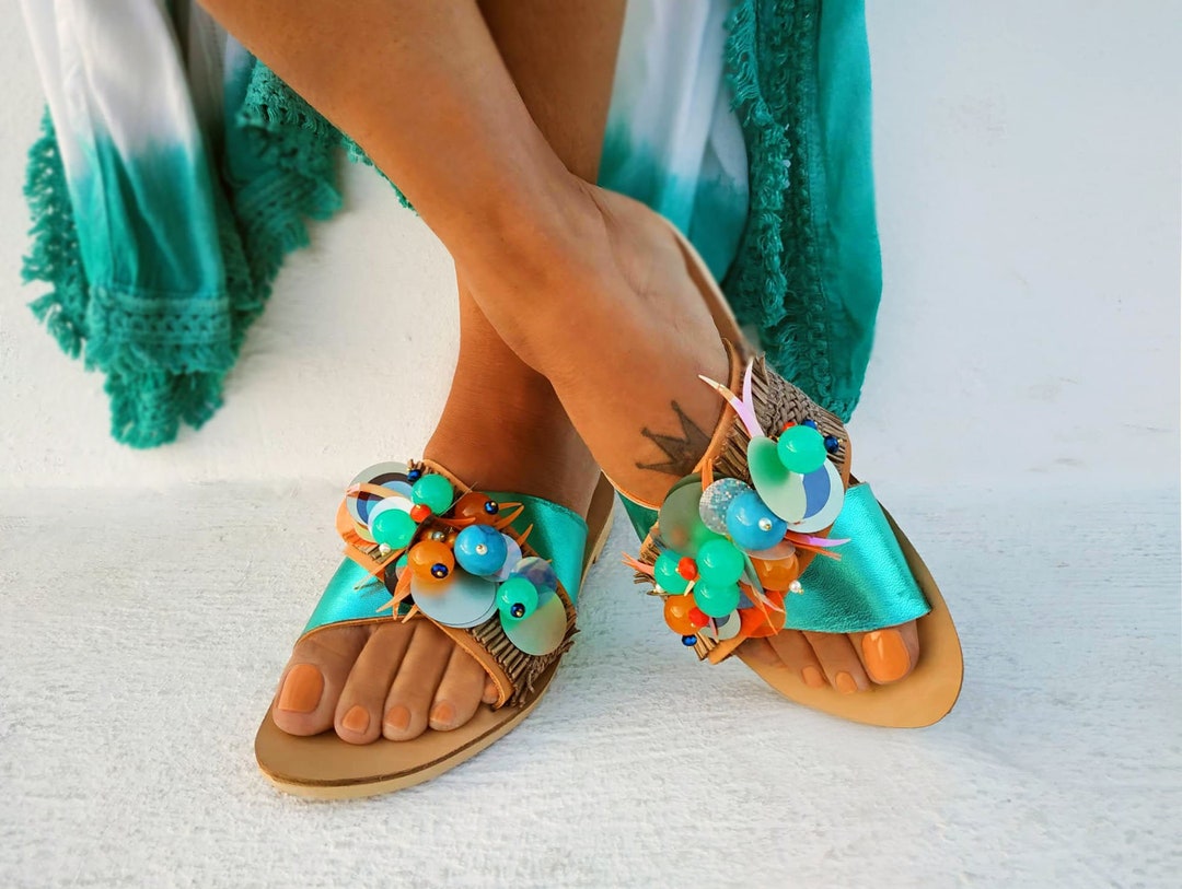 Metallic Leather Sandals Turquoise Sandals Sequins on Shoes