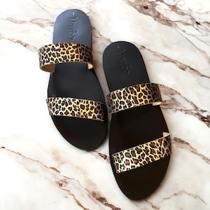 Black metallic animal print / Classic Ancient Greek Sandals / Strappy Flat Slide Sandal for Women / Customized Sandals : Aris