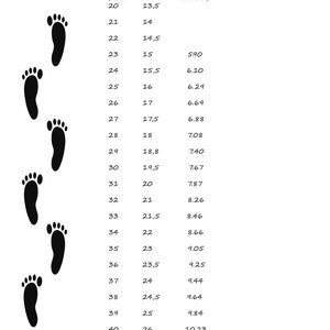 Pu&ograve; includere: Una tabella delle taglie delle scarpe con un grafico di impronta accanto a ogni taglia. La tabella mostra le taglie dalla 20 alla 43, con le misure corrispondenti in centimetri e pollici.