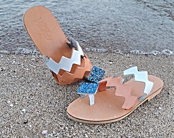 Sandalias de cuero para mujer / Sandalias griegas hechas a mano / Sandalias de tiras / Sandalias planas: Ble