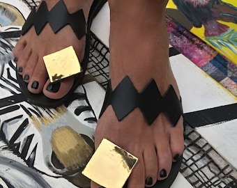 Sandalia griega con aro para el dedo del pie / Sandalias griegas / Zapatos griegos de mujer / Zapatos planos / Sandalias de cuero hechas a mano, sandalias deslizantes, sandalias griegas: Rhombus