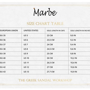 May include: Size chart table for sandals, showing European Union and US shoe sizes, corresponding sole length in centimeters and inches.  The table includes sizes EU 35 to EU 43, US 5 to US 13, and sole lengths from 23 cm to 27.7 cm.
