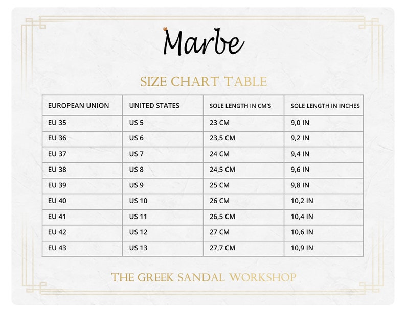 May include: Size chart table for sandals, showing European Union and US shoe sizes, corresponding sole length in centimeters and inches.  The table includes sizes EU 35 to EU 43, US 5 to US 13, and sole lengths from 23 cm to 27.7 cm.
