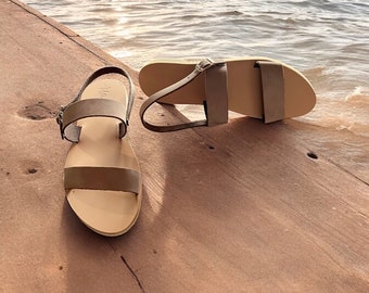 Leren schoenen voor vrouwen, nubuckleren sandalen, Griekse sandalen met enkelbandje, zomerschoenen, platte schoenen, damesschoenen, Marbe: Frederique