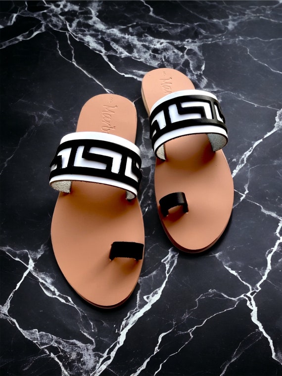 Meander Sandals Mb Sandals Meander Sandals Classy Ancient Greek Sandals Toe Ring Sandals Black and White Thetis Etsy