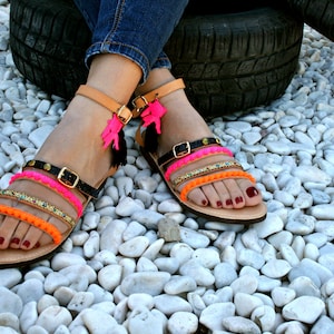 Pom pom sandal / Decorated sandals / Fashion sandals / Mbsandals / Greek  Workshop / Free shipping / Domna