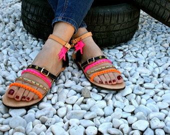 Pom pom sandal / Decorated sandals / Fashion sandals / Mbsandals / Greek  Workshop / Free shipping / Domna