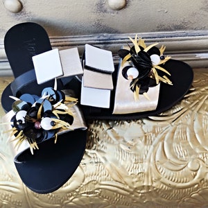 Decorated sandal / Black beads and sequins / Embelished sandals / Semiprecious stones /  Handmade sandals / Designer Shoes : Platina