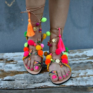 Pom pom sandals / Boho sandals / Multicolor shoes / Decorated sandals / Charms / Greek decorated sandals : Thassos