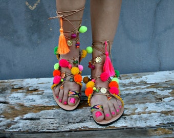 Pom pom sandals / Boho sandals / Multicolor shoes / Decorated sandals / Charms / Greek decorated sandals : Thassos