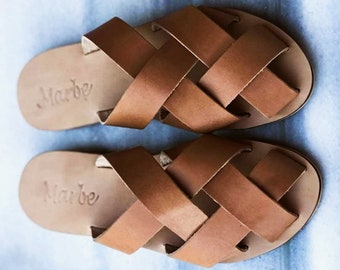Peep toe Sandal / Flat sandal / Natural leather / Handmade sandals / Greek sandals / Ancient Greek sandals : Thalia