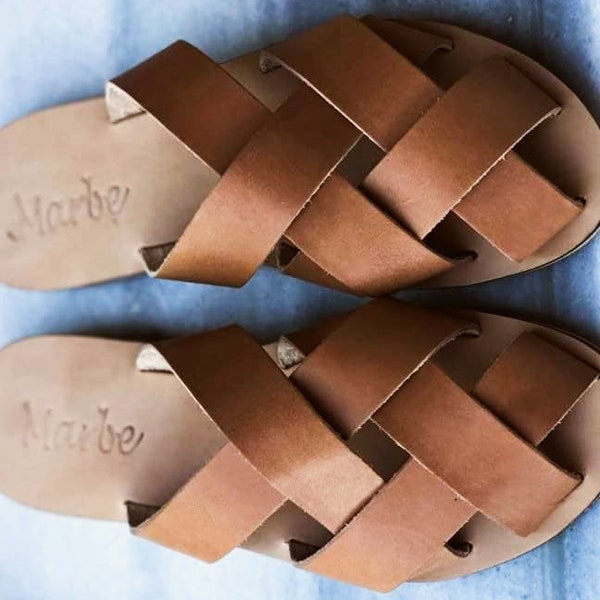 Peep toe Sandal / Flat sandal / Natural leather / Handmade sandals / Greek sandals / Ancient Greek sandals : Thalia