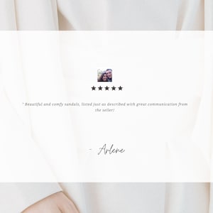 May include: A customer review with five stars and a quote: "Beautiful and comfy sandals, listed just as described with great communication from the seller!" - Arlene