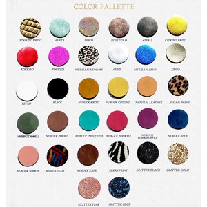 May include: Color palette chart with 24 different colors and textures for leather sandals. The colors include red, pink, blue, green, yellow, brown, black, white, and gold. The textures include glitter, animal print, and nubuck.