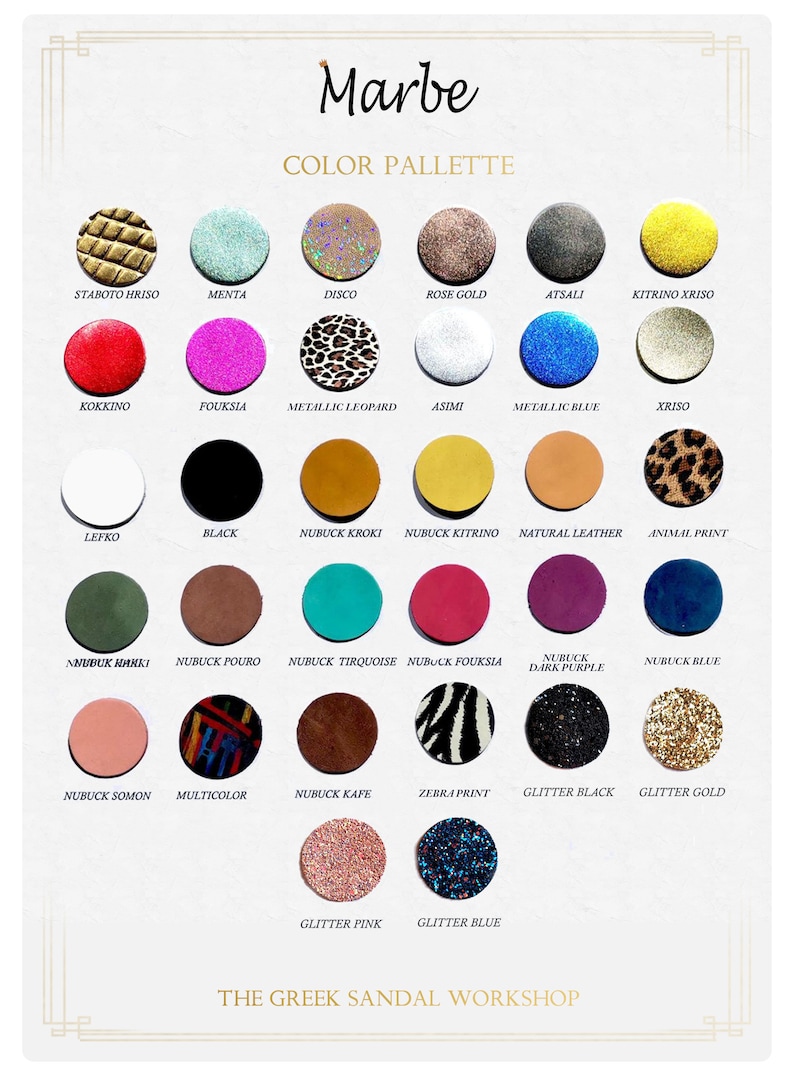 May include: Color palette chart with 24 different colors and textures for leather sandals. The colors include red, pink, blue, green, yellow, brown, black, white, and gold. The textures include glitter, animal print, and nubuck.