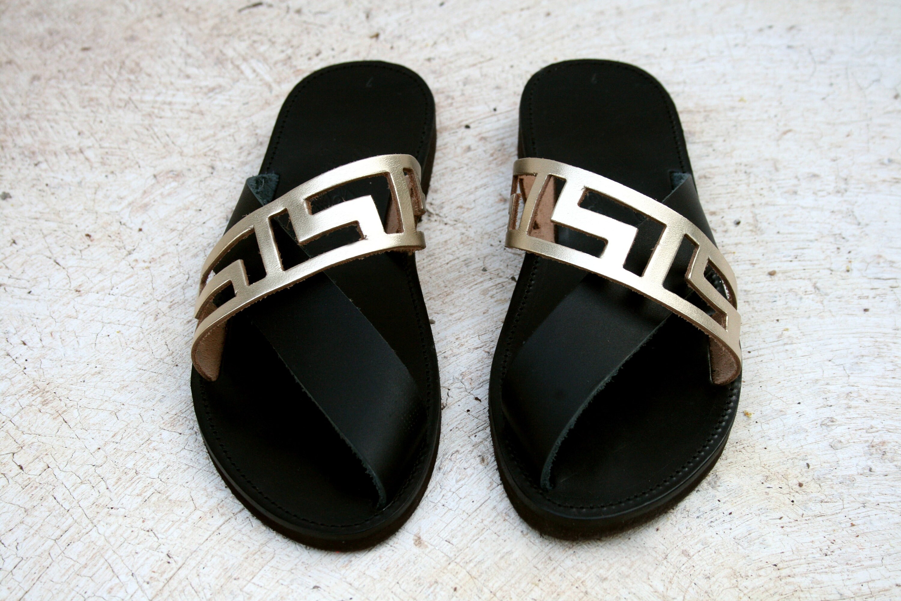 Meander Cross Meander Cross Sandal / Gold and Black Shoes / Greek Sandal Workshop ...