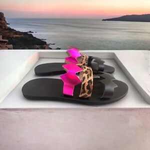 Animal print flat sandal / Modern design / Metallic leather shoes / Greek unique sandals / Greek sandals / Handmade sandals : Kallia