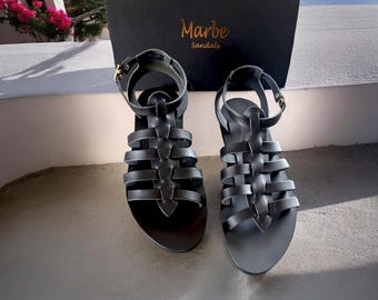 Men Black Gladiator leather sandal|Greek leather sandals|Slingback leather sandals men|Sandali uomo|Spartan sandals|Ankle strap sandals:Theo